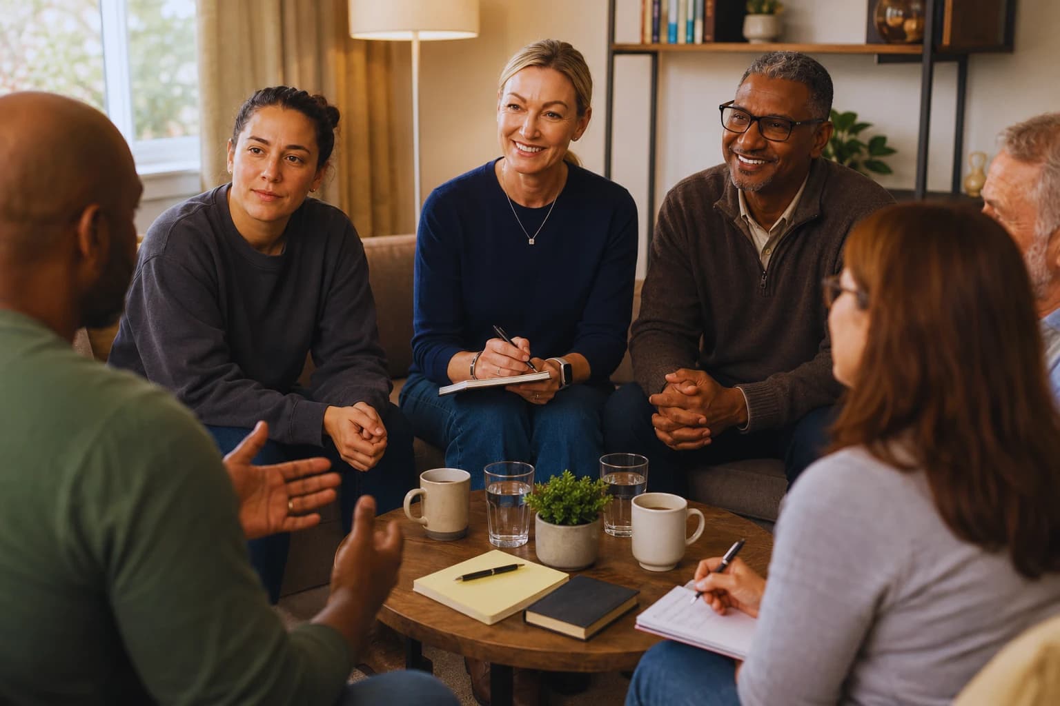 A warm group therapy session — people seated in a circle, engaged in conversation, with a facilitator listening and taking notes. This is the clinical environment that shaped Jenora.